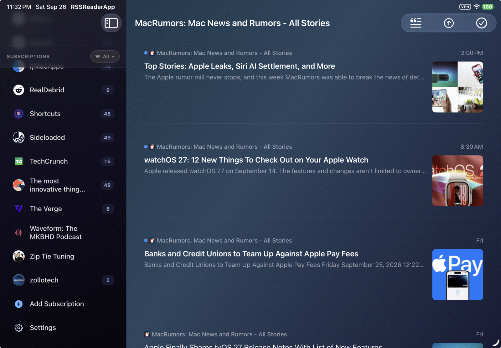 RSSum on iPad showing the MacRumors feed with the subscriptions sidebar, alternating between dark mode and light mode