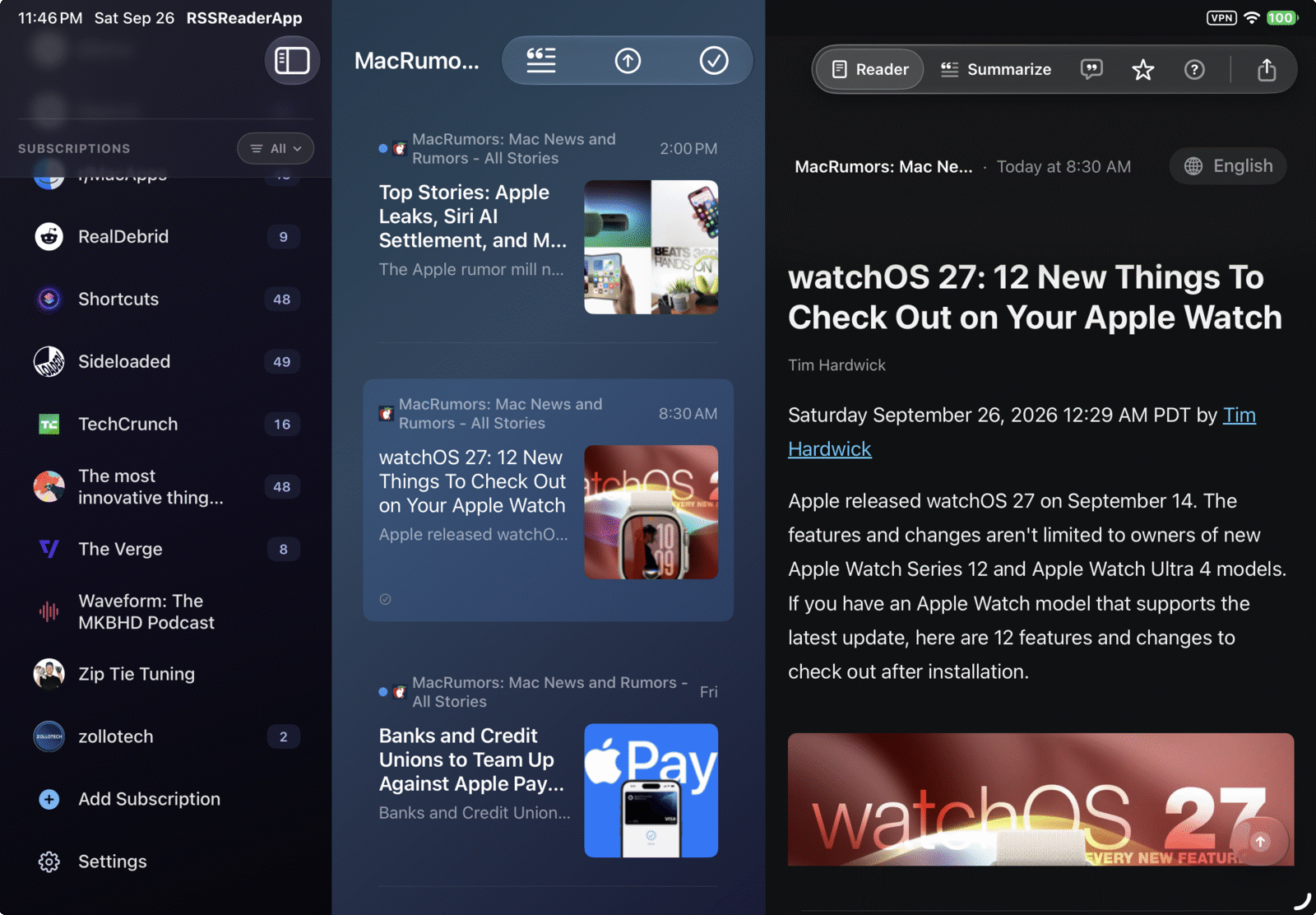 RSSum on iPad with subscriptions, the MacRumors article list and an open article, alternating between dark and light mode